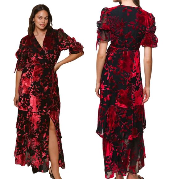 Hutch Red Black Velvet Floral Wrap Maxi Dress Womens XL Boho Maximalist Formal - Picture 1 of 15